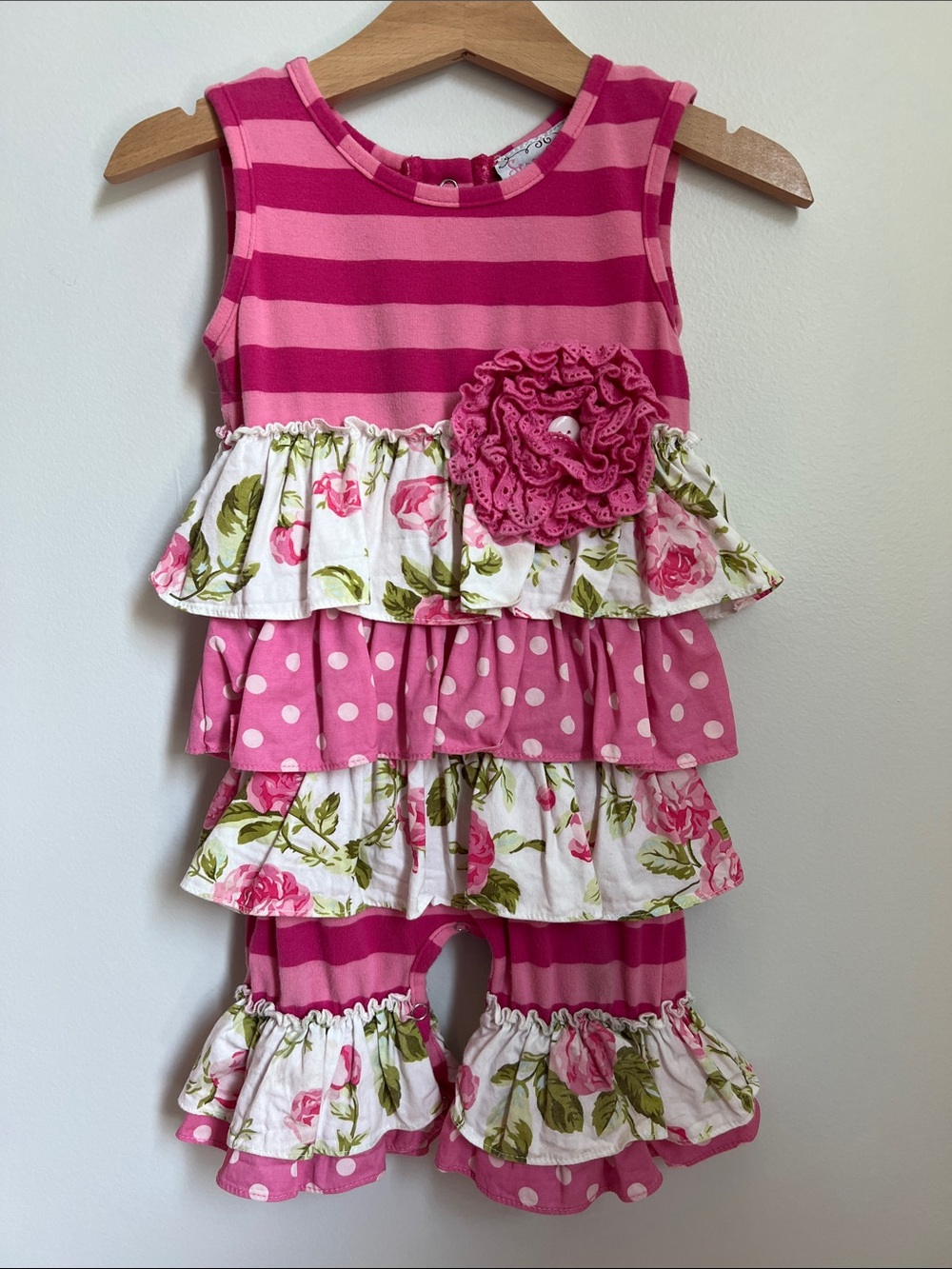 Serendipity | Pink Striped Ruffle Floral Romper Size 9 Months